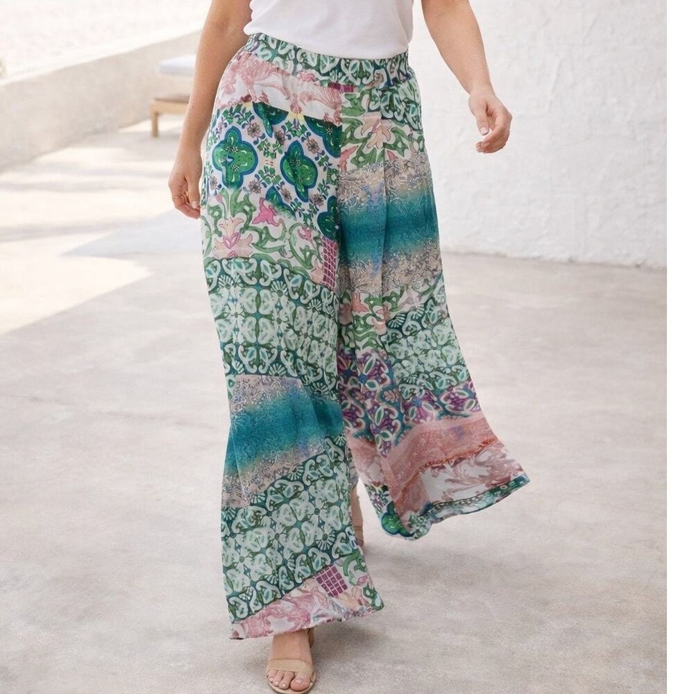City Chic Paisley Wide Leg Pants size 12 Resort Boho Pull On NWT